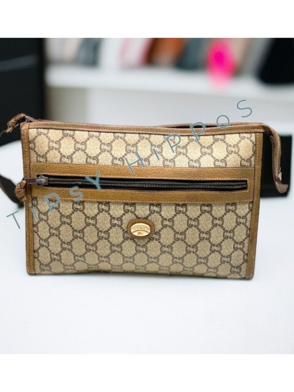 Vintage Gucci Plus Monogram Canvas Brown Leather Clutch With Zipper & Logo Detai
